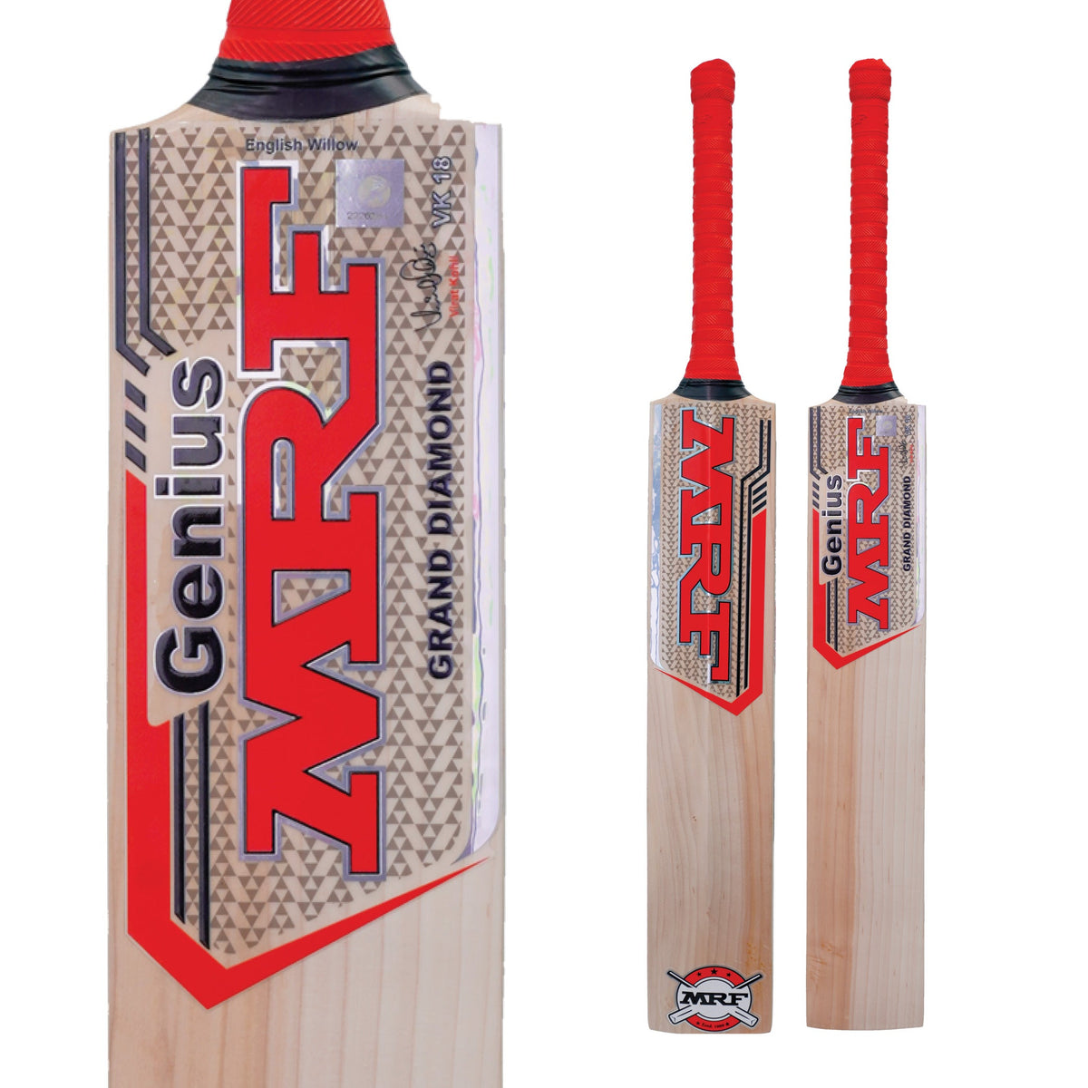 MRF GENIUS GRAND DIAMOND ENGLISH WILLOW CRICKET BAT — senior bat front, back and branding detail