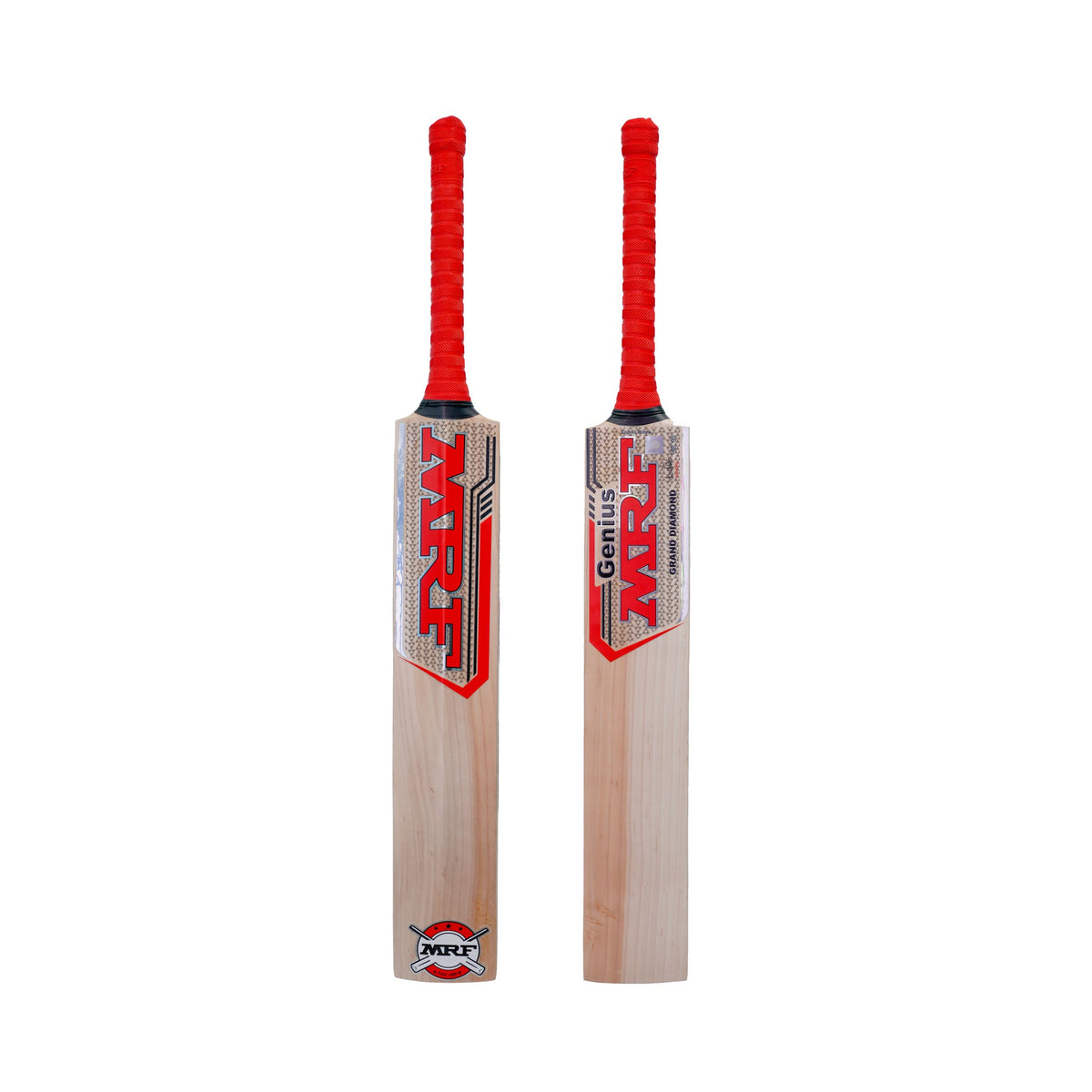 MRF GENIUS GRAND DIAMOND ENGLISH WILLOW CRICKET BAT — junior bat front and back