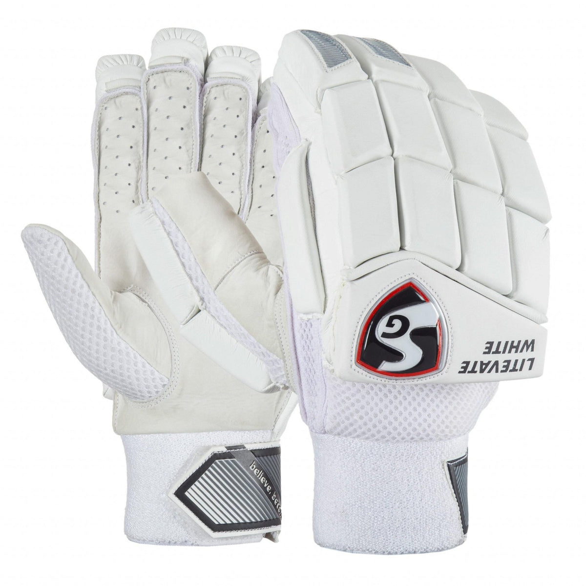 SG Litevate White batting gloves — back and palm
