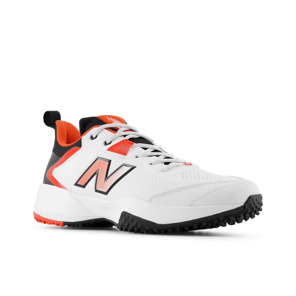 New Balance CK4020F6 cricket shoe - white, neo flame and black - three-quarter view