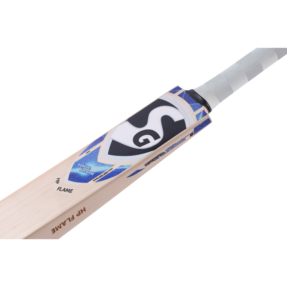 SG HP FLAME ENGLISH WILLOW CRICKET BAT - SENIOR / SH — HP Flame branding detail