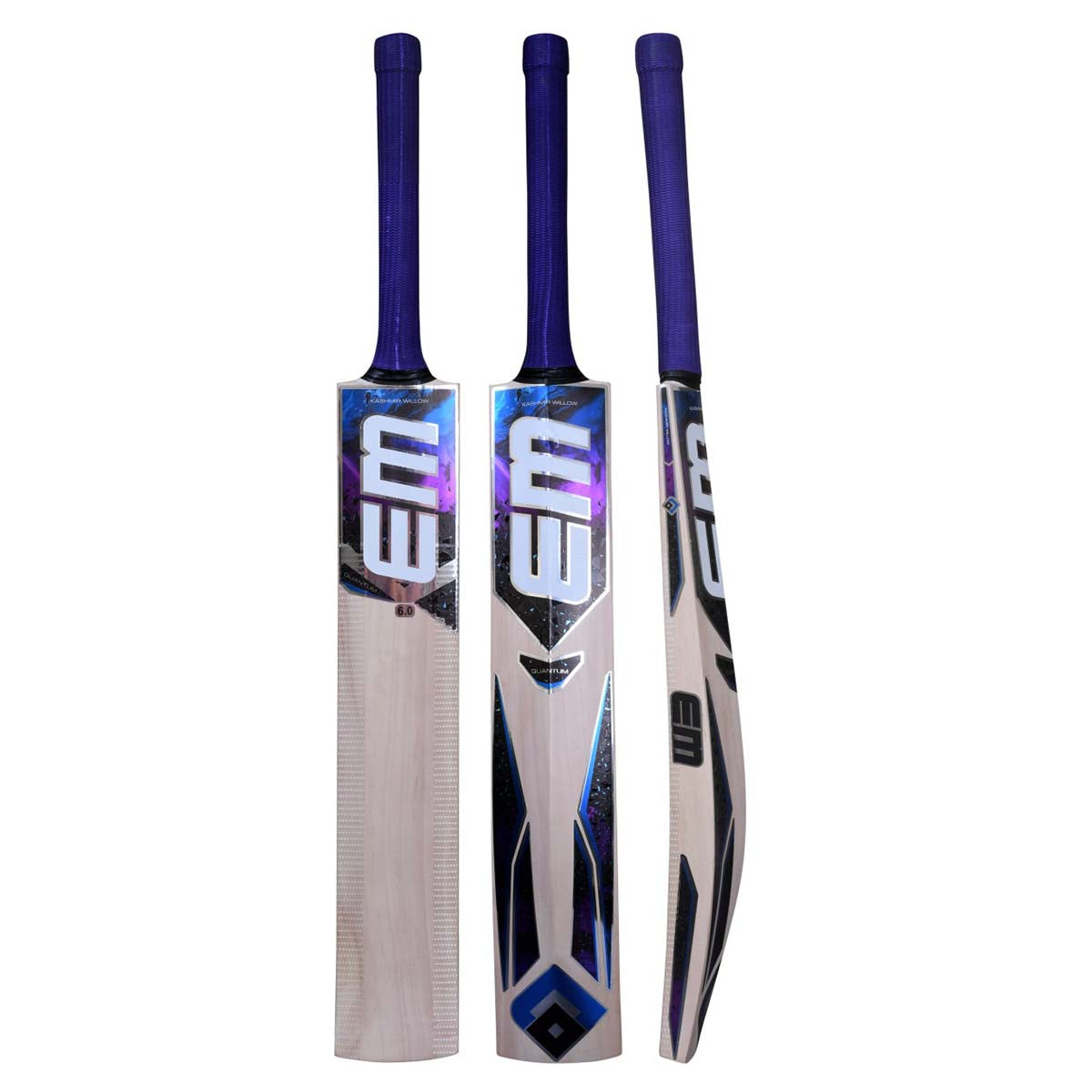 EM Quantum 6.0 Kashmir Willow cricket bat — manufacturer front, back and side views